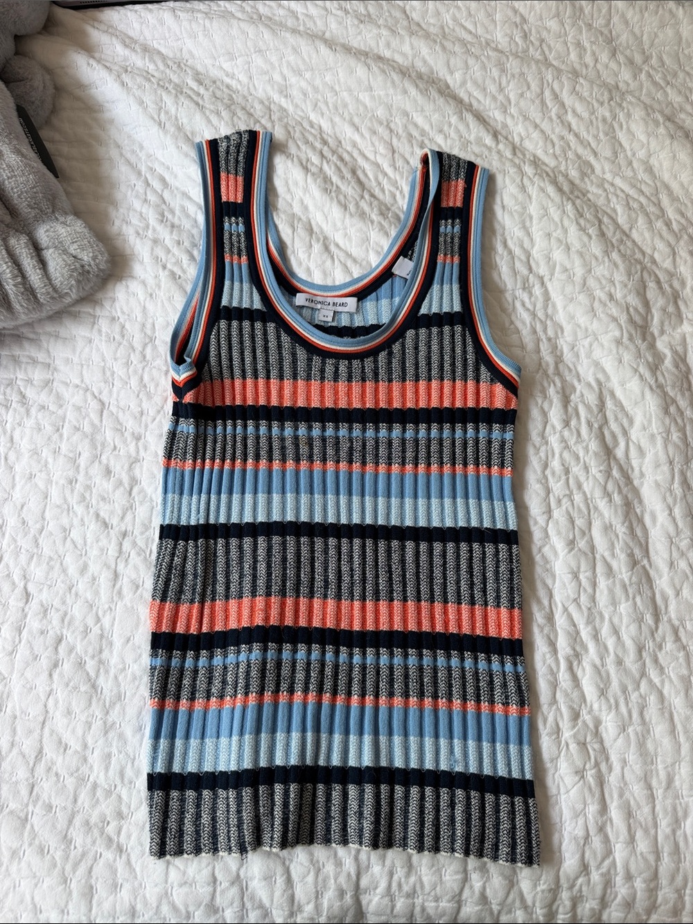 Veronica Beard Striped Ribbed Knit Tank Top - Blue, Orange, Navy